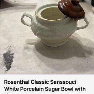 Rosenthal White Porcelain Sugar Bowl with Brown Lid and Gold Trim